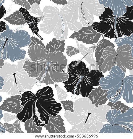 Vector seamless pattern of tropical hibiscus flowers, dense jungle. Hand painted. Pattern in gray colors with tropic summertime motif may be used as texture, wrapping paper, textile design.