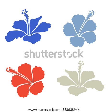 Vector flower set. Vector illustration. Sketch with floral motif. Floral collection with four hibiscus flowers in blue and red colors, watercolor effect.