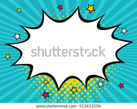 Empty dynamic comic speech bubble with dots and stars. Vector colorful background in pop art retro comic style. Royalty-Free Stock Photo #553653106
