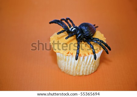 Creepy black spider on top of a yummy orange frosted cupcake on an orange background.