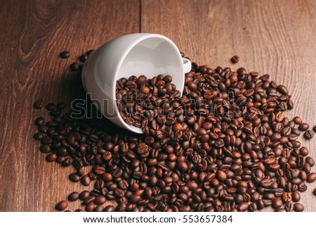 Coffee scattered on the table, coffee beans