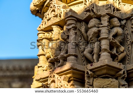 Stone carvings of Hindu God and Goddess in Kiradu Temple of Rajasthan