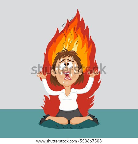 Stressed businesswoman with hair on fire, vector illustration cartoon
