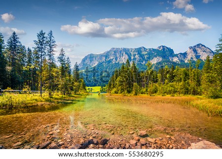 Beautiful summer morning on the Hintersee lake. Colorful outdoor scene in the Austrian Alps, Salzburg-Umgebung district, Austria, Europe. Artistic style post processed photo.