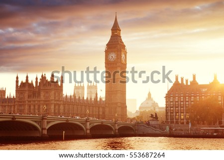 Big Ben and Westminster at sunset, London, UK Royalty-Free Stock Photo #553687264