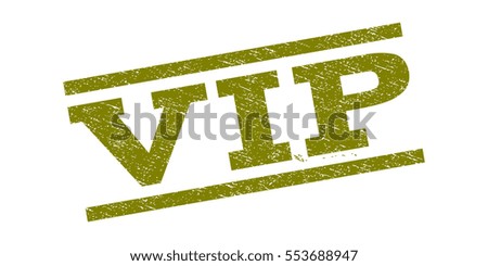 Vip watermark stamp. Text caption between parallel lines with grunge design style. Rubber seal stamp with unclean texture. Vector olive color ink imprint on a white background.