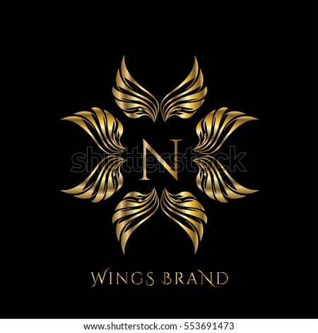 Golden wings frame luxury vector logo design template for boutique, restaurant, hotel, fashion store, menu, business card or brand identity pack with letter N.