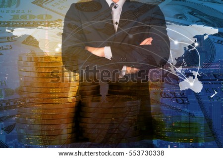Double exposure business and on golden coin and money background with world map. For global business and network communication concept. Elements of this image furnished by NASA