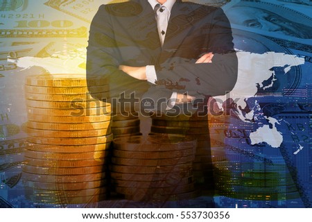 Double exposure business and on golden coin and money background with world map. For global business and network communication concept. Elements of this image furnished by NASA