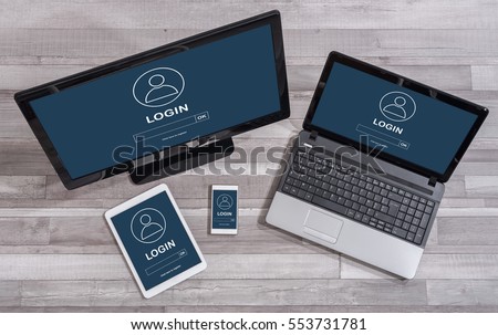 Login concept shown on different information technology devices