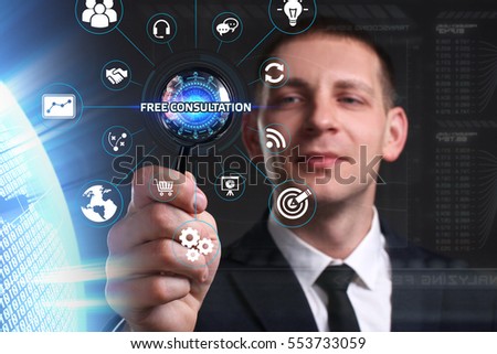 Business, Technology, Internet and network concept. Young businessman working on a virtual screen of the future and sees the inscription: free consultation