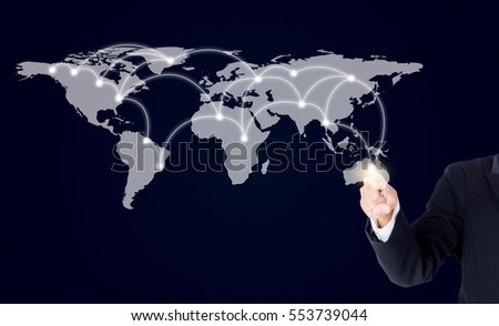 Businesswoman pointing with digital network line and circles, business technology concept, Elements of this image furnished by NASA