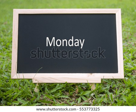 mini blackboard with text monday isolated on grass field background