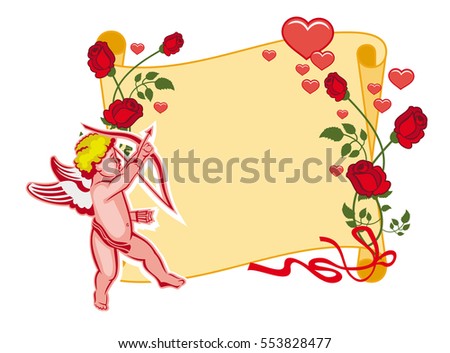 Cupid with bow hunting for hearts. Color frame with Cupid, roses and hearts. Design element for greeting card. Vector clip art.