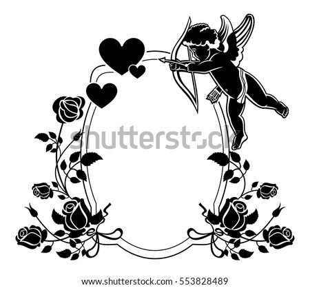 Cupid with bow hunting for hearts. Black and white frame with silhouettes of Cupid, roses and hearts. Design element for greeting card. Vector clip art.