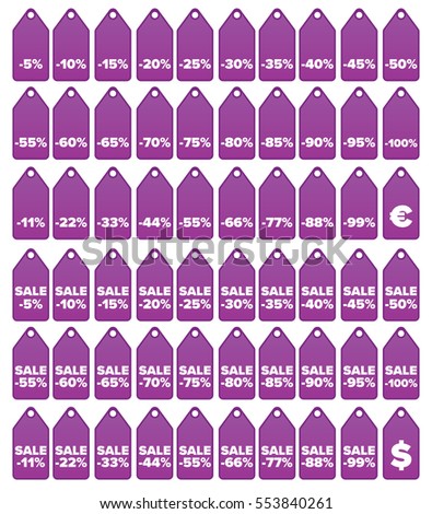 Set of 60 sale price vector tags / icons. Vertically oriented. Contain multiples of five, doubles and variation with word 'sale.' Grouped, ready for quick, immediate use. Purple color.