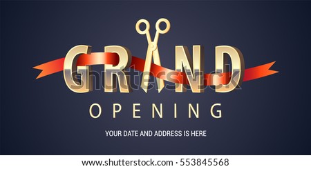 Grand opening vector background. Scissors cutting red ribbon design element for poster or banner for opening event