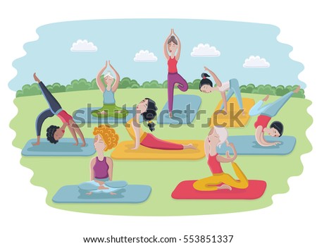 Vector caron illustration of women doing yoga on mats in the park