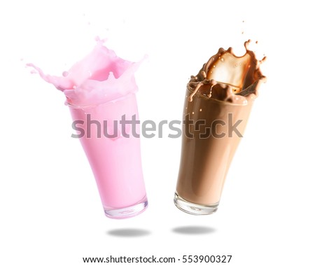 Strawberry milk and chocolate milk splashing out of glass., Isolated white background. Royalty-Free Stock Photo #553900327