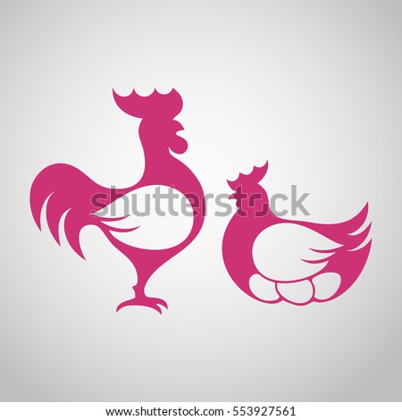 Vector illustration of red rooster and chicken silhouettes on white background