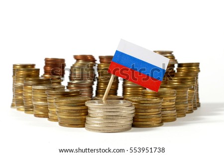 Russia flag waving with stack of money coins