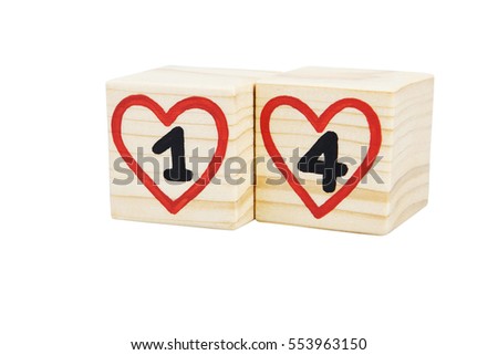 Wooden cubes with handwritten one and four inside red hearts.