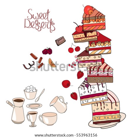 Cakes, sweet desserts and pastry isolated on white background. Dish, cup, plate, different objects for restaurant and cafe menu.