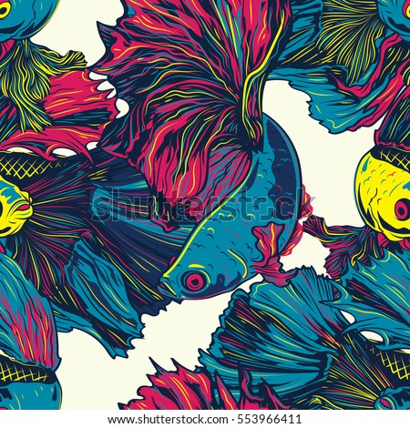Colorful Betta Fish Seamless Pattern. Siamese Fighting Fish. Betta Splendens. Background Wallpaper 