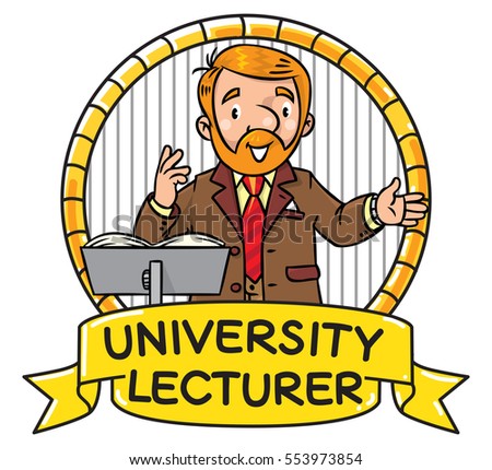Childrens vector illustration of funny university lecturer. A man with a beard is giving a lecture or lesson, or tells something, near the stand for book. Profession series. Emblem