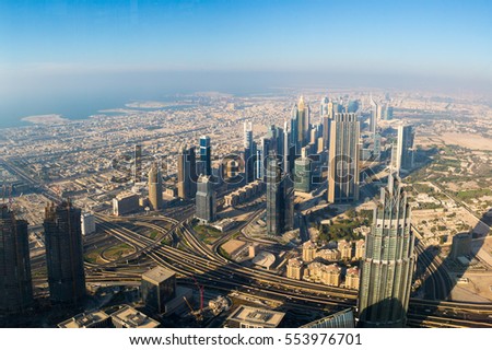 Amazing aerial view of Dubai from above. Beautiful city.