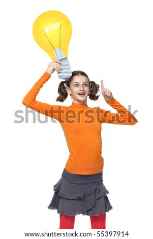 Emotional Girl Holding cartoon bulb - idea! - Bright Portrait isolated on white background