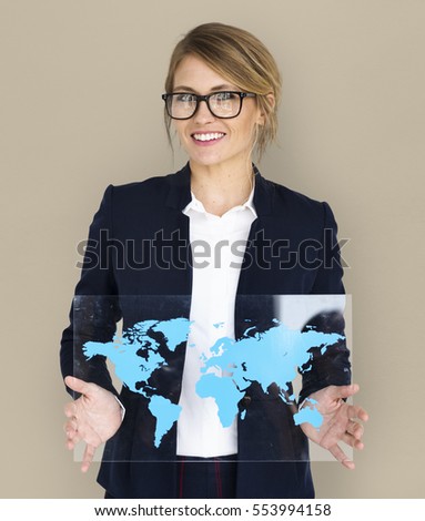 Businesswoman Smiling Happiness Global Business World Map