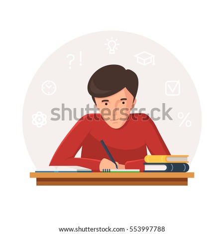 Student sitting at table with books and writing. Young people preparing for exams at University or school. Icons of learning. Vector illustration isolated on white background Royalty-Free Stock Photo #553997788