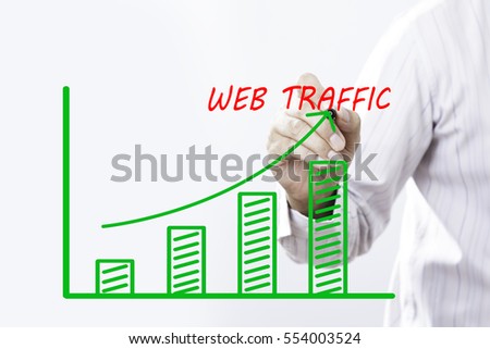 Businessman hand writing Web Traffic graph  with red marker on transparent wipe board, business concept. Royalty-Free Stock Photo #554003524