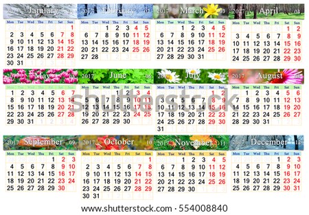calendar for 2017 in English with photo of nature for every month