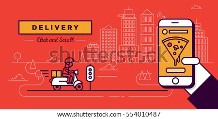 Delivery Website Banner in Flat Linear Vector Style Royalty-Free Stock Photo #554010487