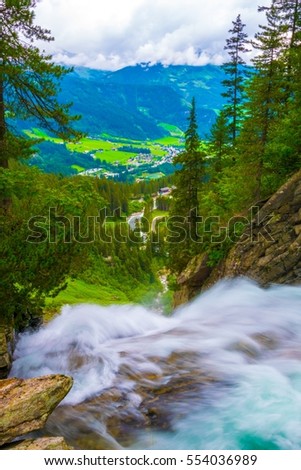 aerial view of Krimml village under the krimmler wassefalle waterfalls in the Austrian Alps.Austria, Europe.
