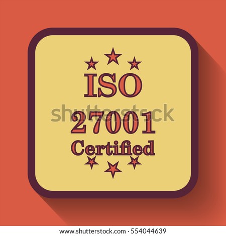 ISO 27001 icon, colored website button on orange background.
