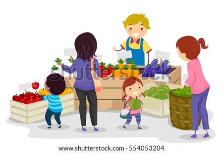 Stickman Illustration of a Mother and Her Kids Shopping at a Farmers Market