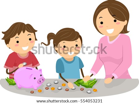 Stickman Illustration of a Mother Teaching Her Daughter and Son How to Save Money