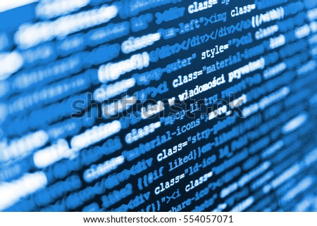 Coding script text on screen. Computer code data. PC software creation business. Binary digits code editing. Computer science lesson. Writing programming functions on laptop. 
