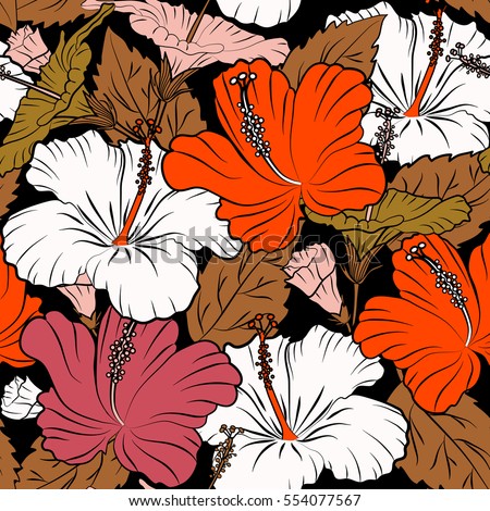 Watercolor painting effect, vector illustration of a hibiscus flower, blossom with multicolored leaves isolated hand drawn on black background. Hibiscus flowers in orange, brown and pink colors.