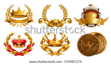 Gold crown and laurel wreath, 3d vector logo