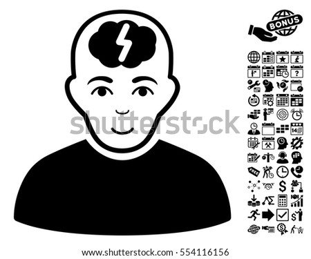 Clever Boy pictograph with bonus business, time management and calendar clip art. Vector illustration style is flat iconic symbols, black color, white background.