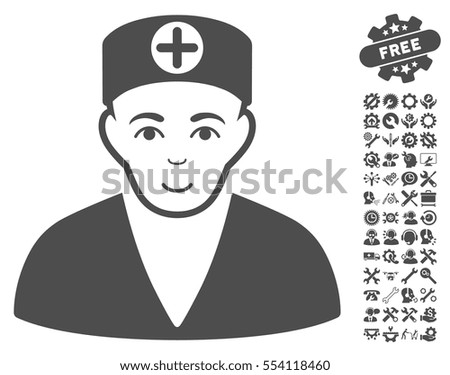 Medic pictograph with bonus options clip art. Vector illustration style is flat iconic gray symbols on white background.