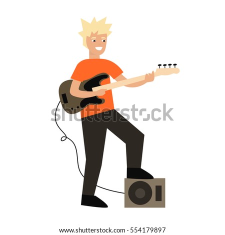Cartoon Guitar Player Rock Band Star Electric Instrument Flat Design Style. Vector illustration