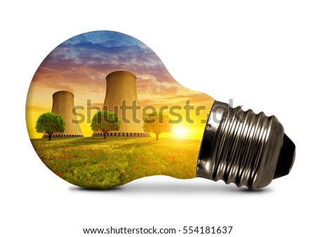 Nuclear power plant in light bulb isolated on white background. Royalty-Free Stock Photo #554181637