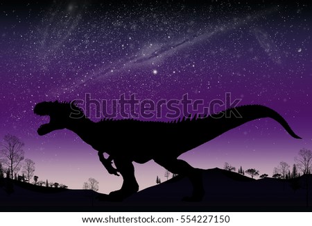 dinosaur flat art night mountain landscape with stars and bright moon