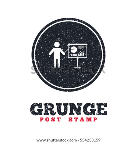 Grunge post stamp. Circle banner or label. Presentation sign icon. Man standing with pointer. Scheme and Diagram symbol. Dirty textured web button. Vector