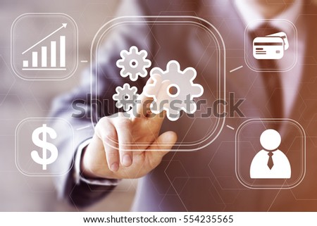 Businessman pressing button engineering network. Concept virtual engineering communication.